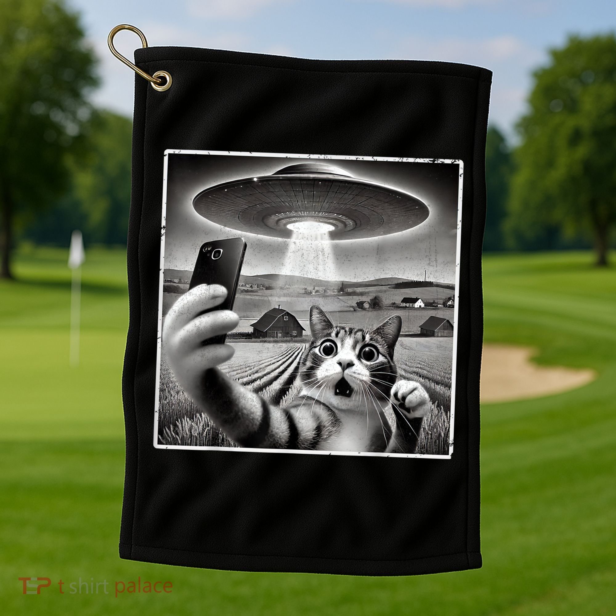 Funny Cat Selfie With Alien UFO Cat Golf Towel