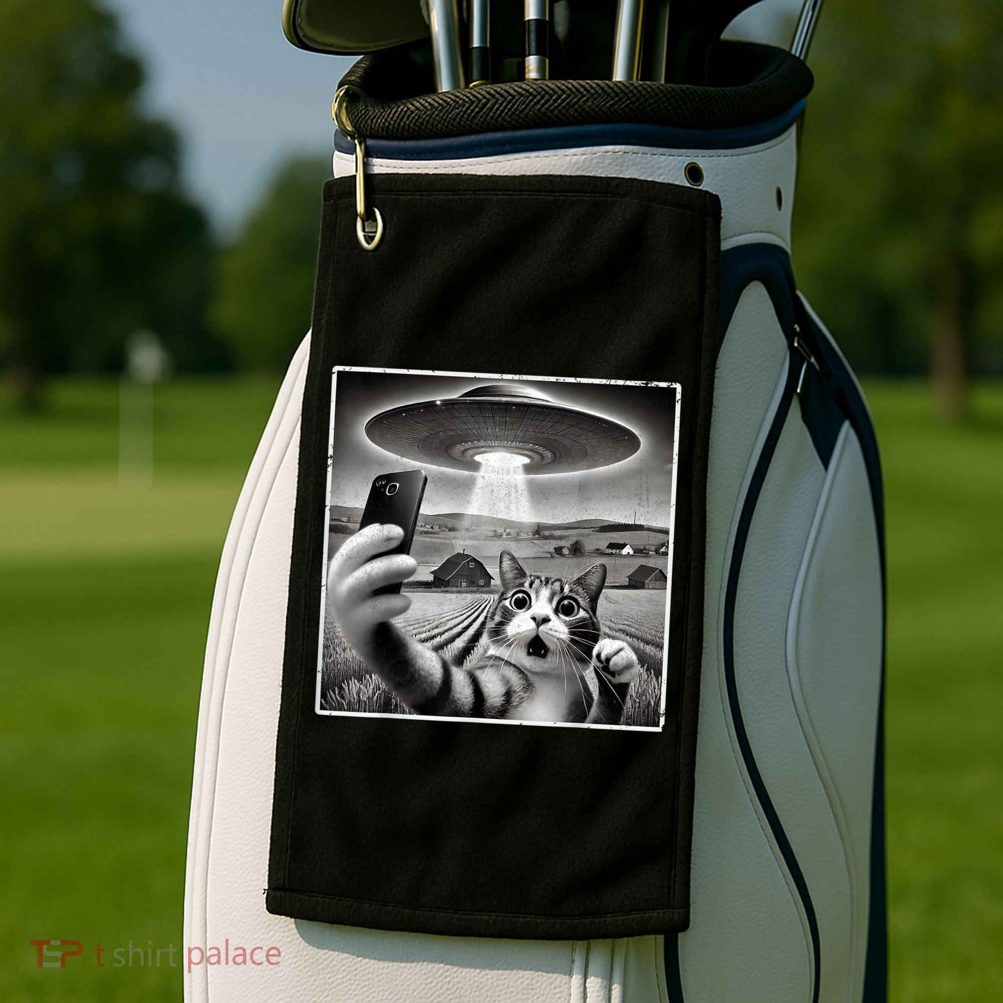 Funny Cat Selfie With Alien UFO Cat Golf Towel