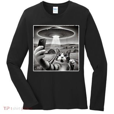 Funny Cat Selfie With Alien UFO Cat Women's Long Sleeve Shirt