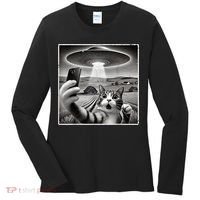 Funny Cat Selfie With Alien UFO Cat Women's Long Sleeve Shirt thumb 0