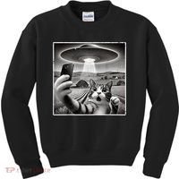 Funny Cat Selfie With Alien UFO Cat Kids Sweatshirt thumb 0