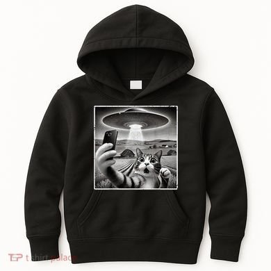 Funny Cat Selfie With Alien UFO Cat Kids Hoodie