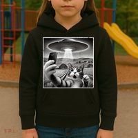 Funny Cat Selfie With Alien UFO Cat Kids Hoodie thumb 3