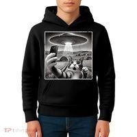 Funny Cat Selfie With Alien UFO Cat Kids Hoodie thumb 4