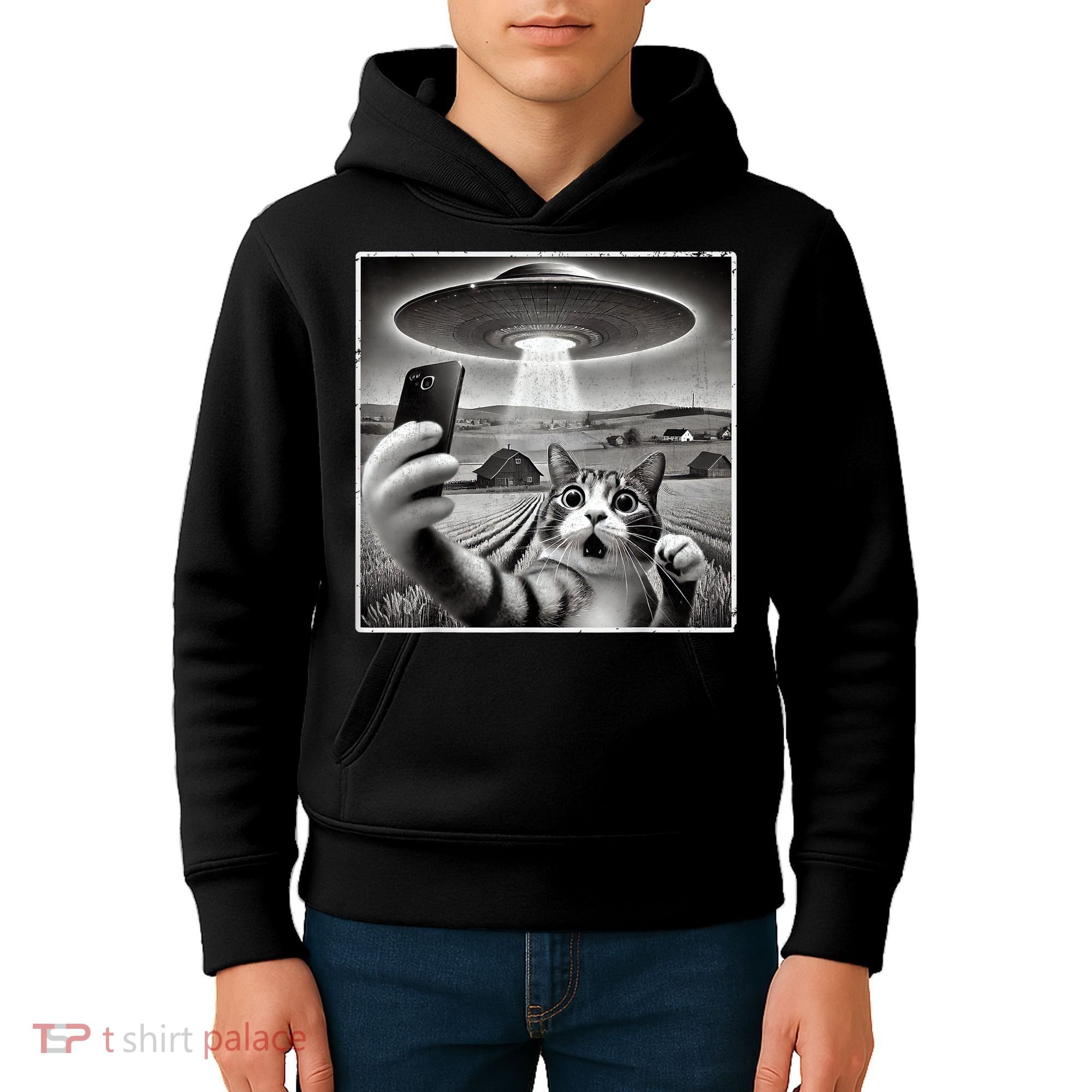 Funny Cat Selfie With Alien UFO Cat Kids Hoodie