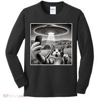 Funny Cat Selfie With Alien UFO Cat Kids Long Sleeve Shirt thumb 0