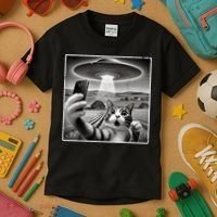 Funny Cat Selfie With Alien UFO Cat Kids T-Shirt thumb 3