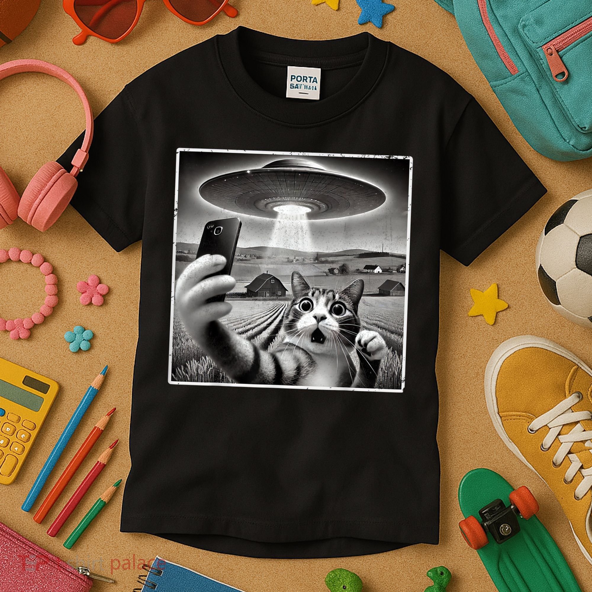 Funny Cat Selfie With Alien UFO Cat Kids T-Shirt