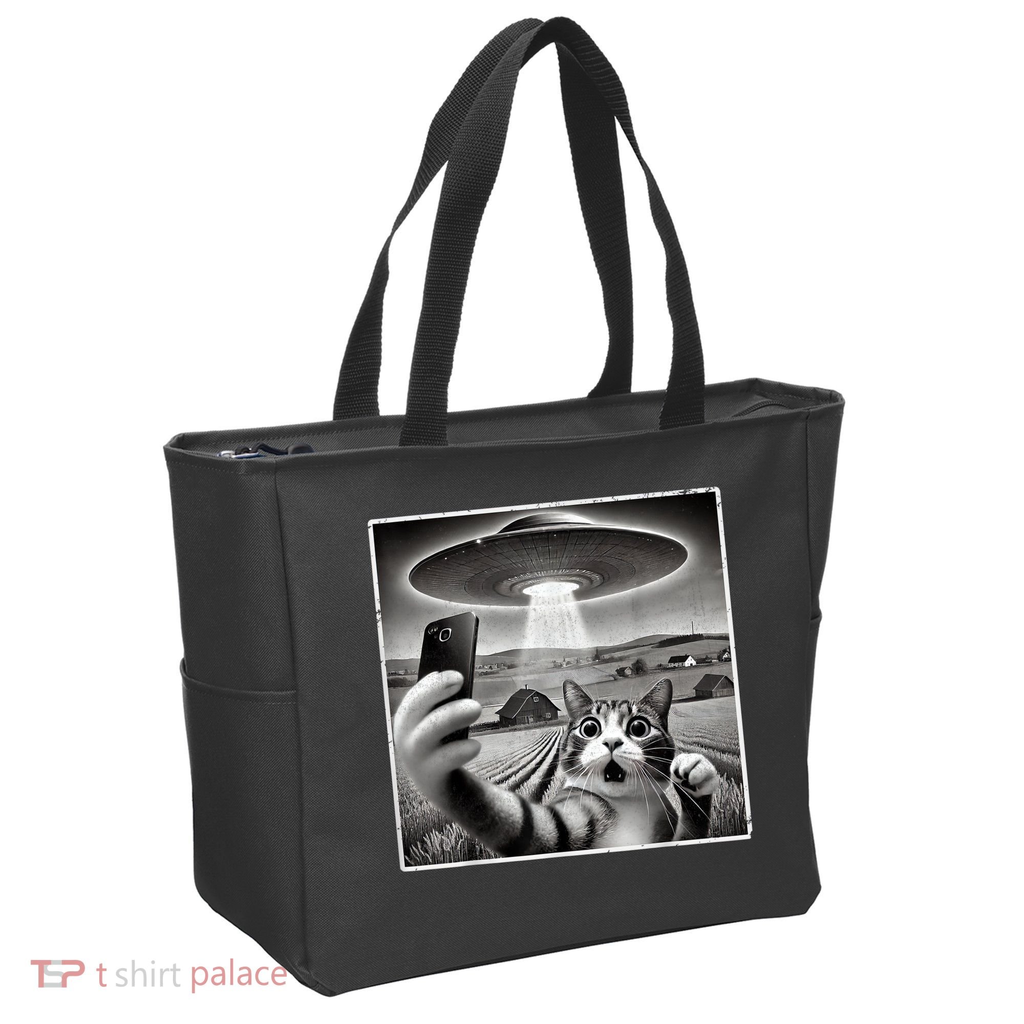 Funny Cat Selfie With Alien UFO Cat Tote Bag