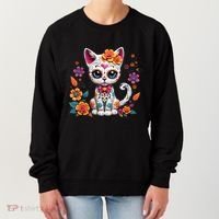 Floral Cat Sugar Skull Day Of The Dead Dia De Los Muertos Women's Sweatshirt thumb 0