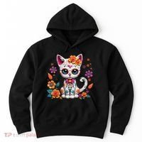 Floral Cat Sugar Skull Day Of The Dead Dia De Los Muertos Hoodie thumb 0