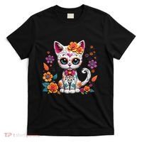 Floral Cat Sugar Skull Day Of The Dead Dia De Los Muertos T-Shirt thumb 0