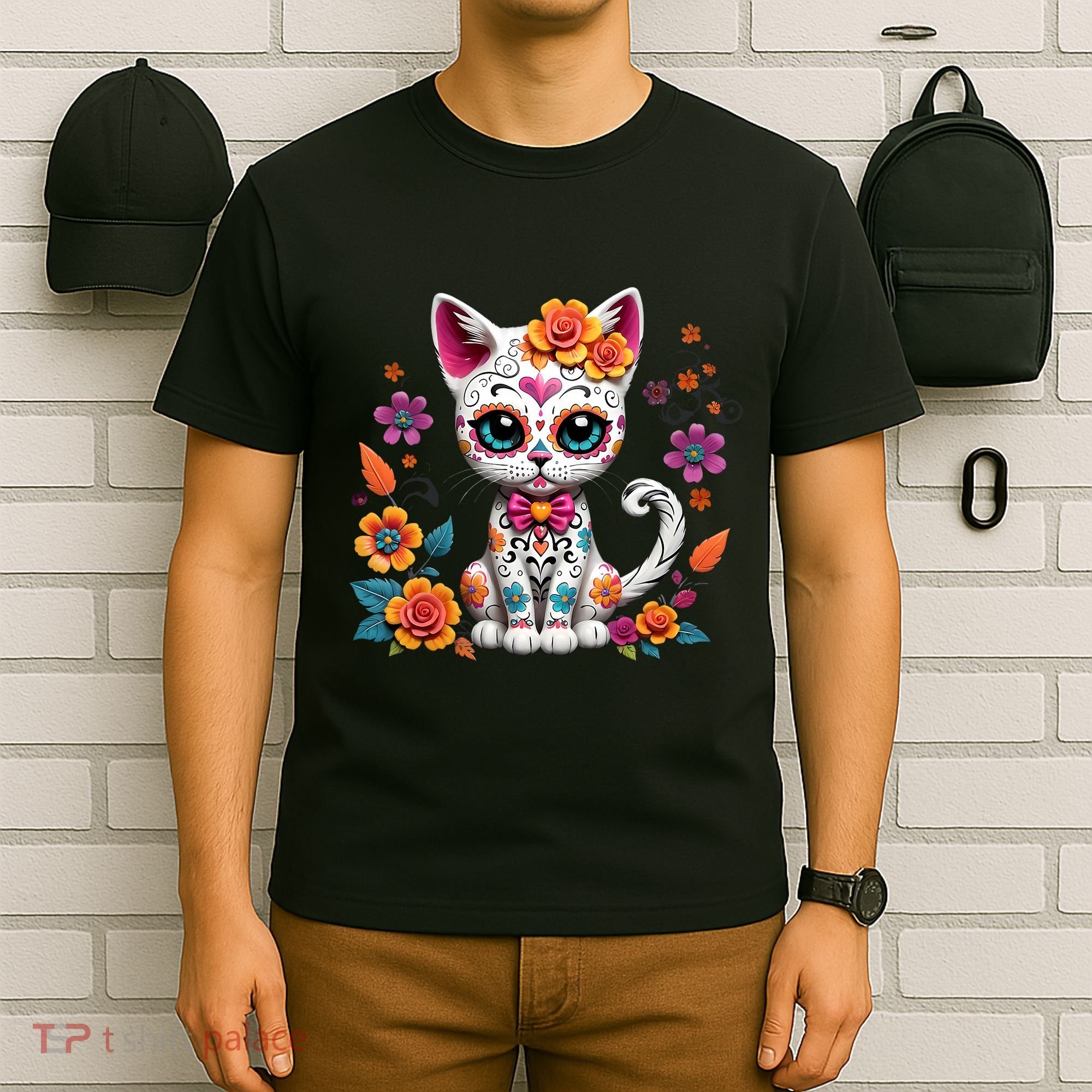 Floral Cat Sugar Skull Day Of The Dead Dia De Los Muertos T-Shirt