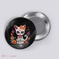 Floral Cat Sugar Skull Day Of The Dead Dia De Los Muertos Button thumb 0