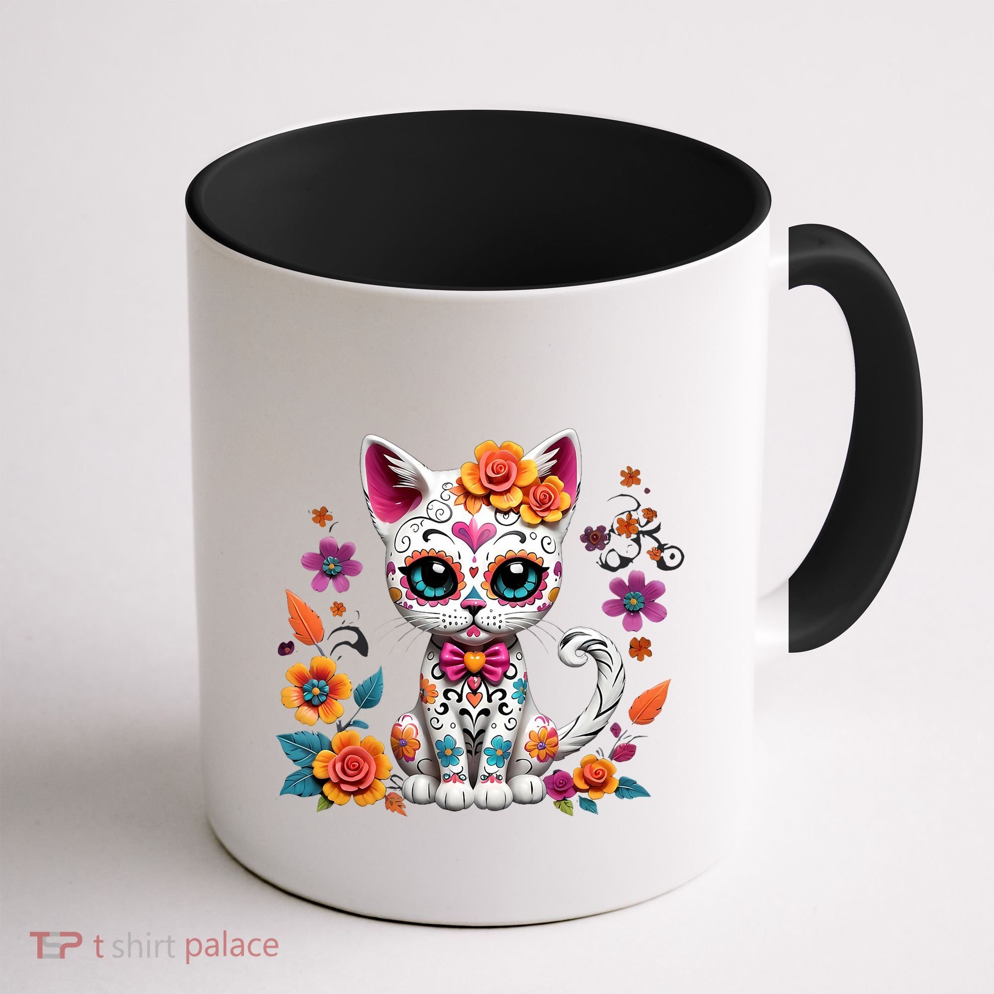 Floral Cat Sugar Skull Day Of The Dead Dia De Los Muertos Coffee Mug