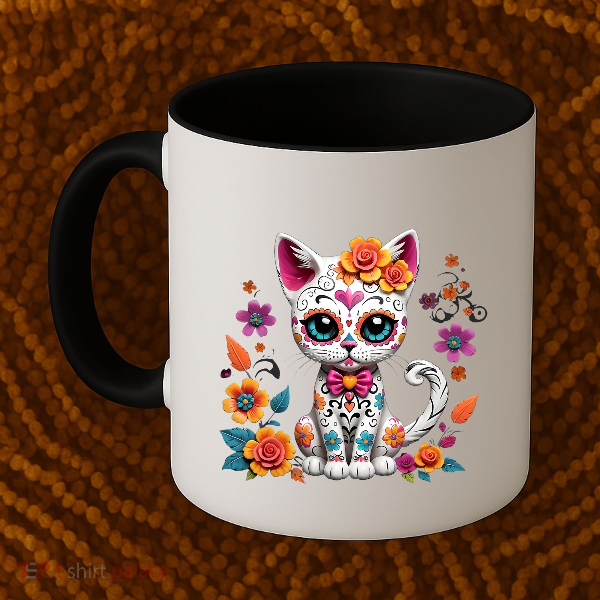 Floral Cat Sugar Skull Day Of The Dead Dia De Los Muertos Coffee Mug