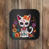 Floral Cat Sugar Skull Day Of The Dead Dia De Los Muertos Coaster thumb 0