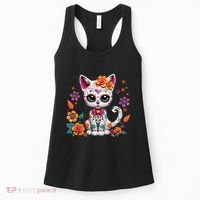 Floral Cat Sugar Skull Day Of The Dead Dia De Los Muertos Women's Tank Top thumb 0