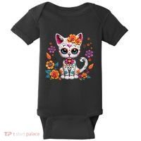 Floral Cat Sugar Skull Day Of The Dead Dia De Los Muertos Baby Bodysuit thumb 0