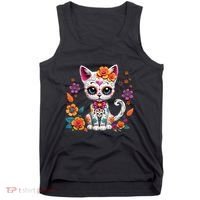 Floral Cat Sugar Skull Day Of The Dead Dia De Los Muertos Tank Top thumb 0
