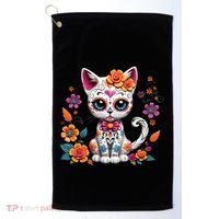 Floral Cat Sugar Skull Day Of The Dead Dia De Los Muertos Golf Towel thumb 0