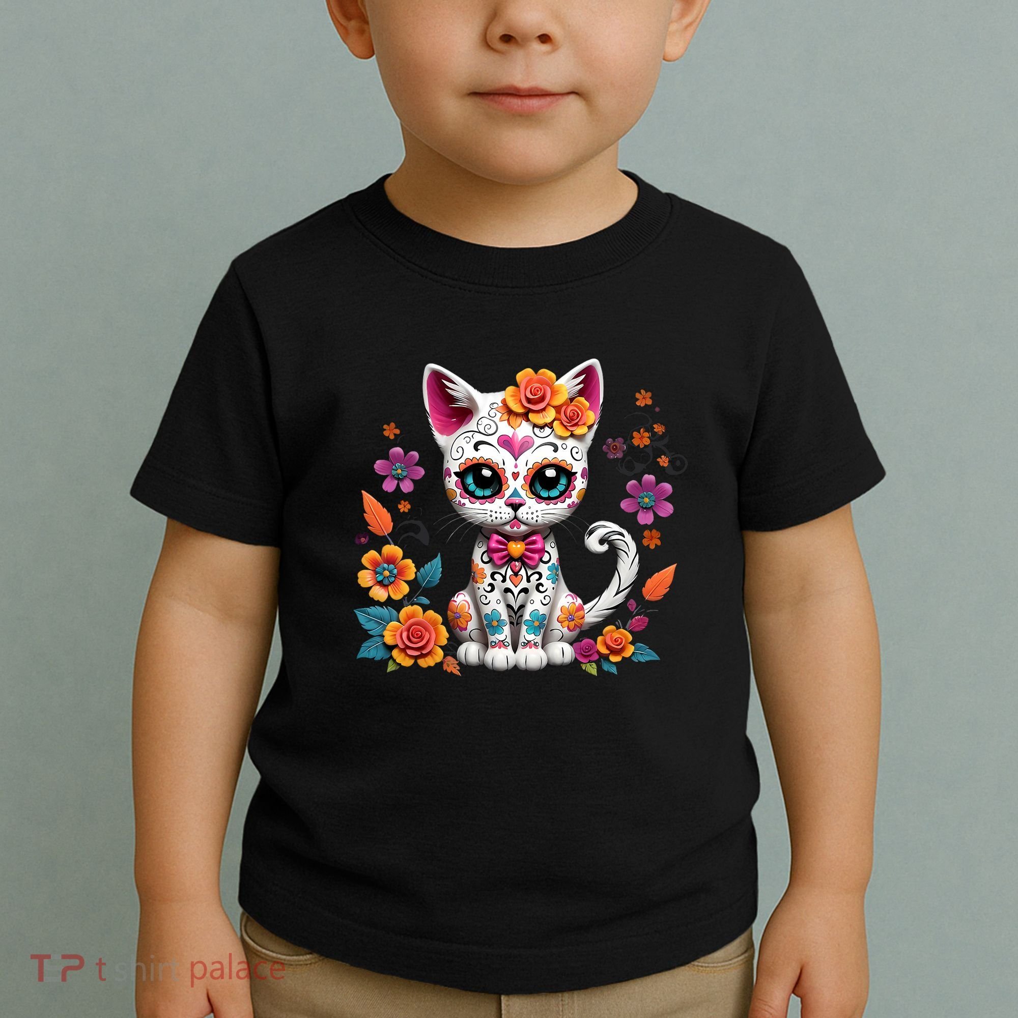 Floral Cat Sugar Skull Day Of The Dead Dia De Los Muertos Toddler T-Shirt