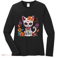 Floral Cat Sugar Skull Day Of The Dead Dia De Los Muertos Women's Long Sleeve Shirt thumb 0