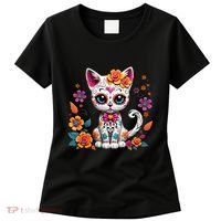 Floral Cat Sugar Skull Day Of The Dead Dia De Los Muertos Women's T-Shirt thumb 0