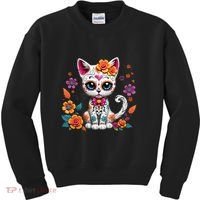 Floral Cat Sugar Skull Day Of The Dead Dia De Los Muertos Kids Sweatshirt thumb 0