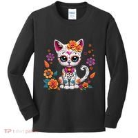 Floral Cat Sugar Skull Day Of The Dead Dia De Los Muertos Kids Long Sleeve Shirt thumb 0
