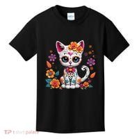 Floral Cat Sugar Skull Day Of The Dead Dia De Los Muertos Kids T-Shirt thumb 0