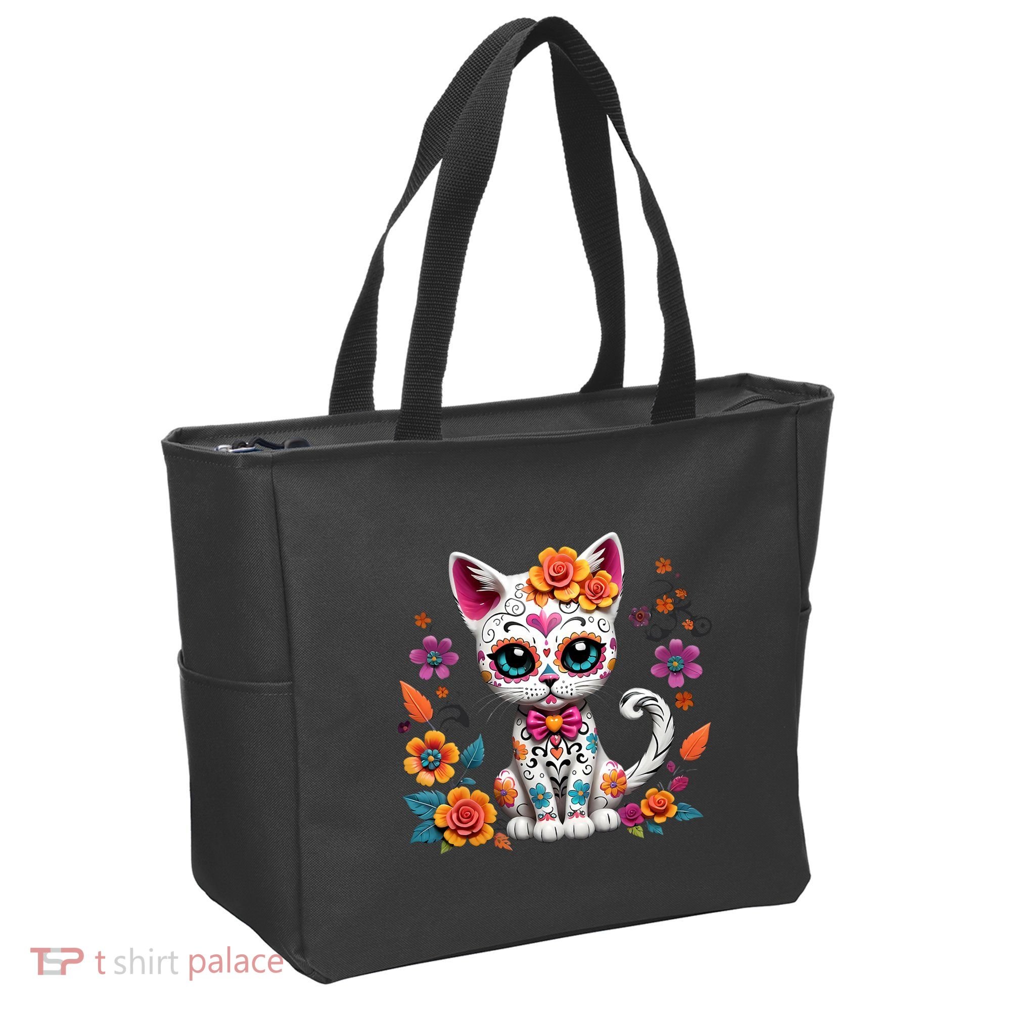 Floral Cat Sugar Skull Day Of The Dead Dia De Los Muertos Tote Bag