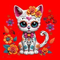 Floral Cat Sugar Skull Day Of The Dead Dia De Los Muertos Santa Hat thumb 1