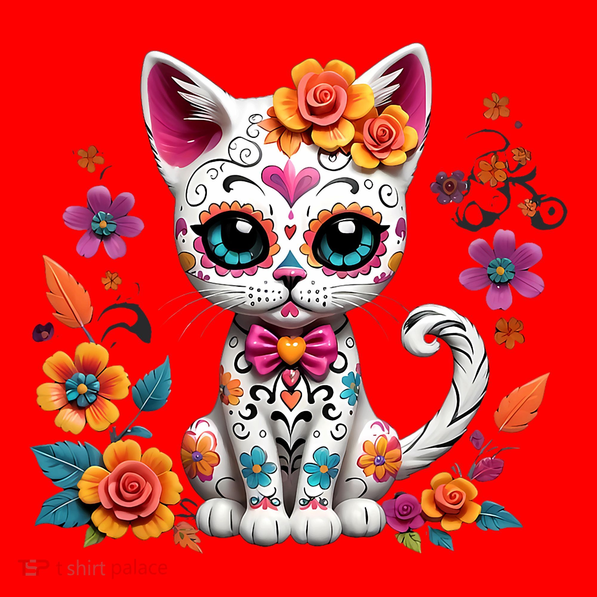Floral Cat Sugar Skull Day Of The Dead Dia De Los Muertos Santa Hat