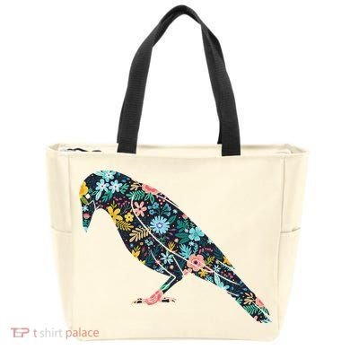 Floral Crow Silhouette Graphic Raven Tote Bag