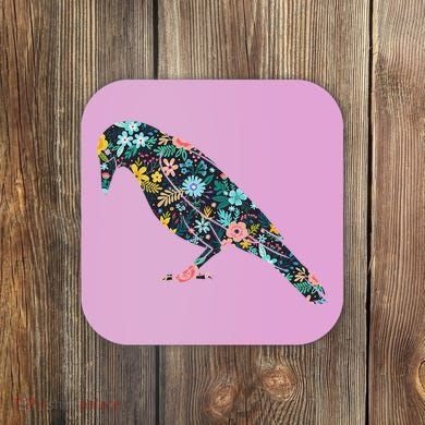 Floral Crow Silhouette Graphic Raven Coaster