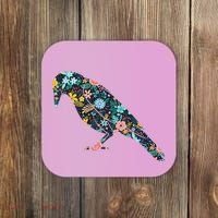 Floral Crow Silhouette Graphic Raven Coaster thumb 0