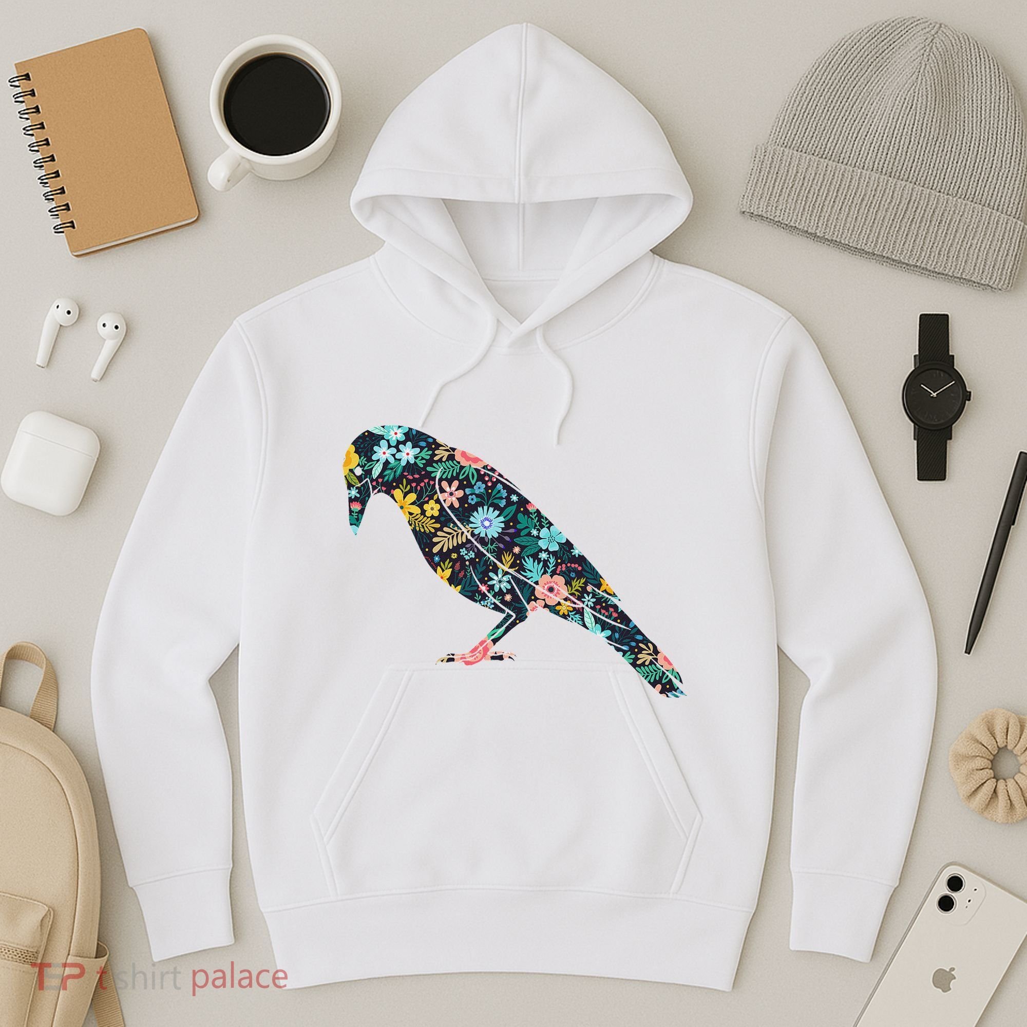 Floral Crow Silhouette Graphic Raven Hoodie