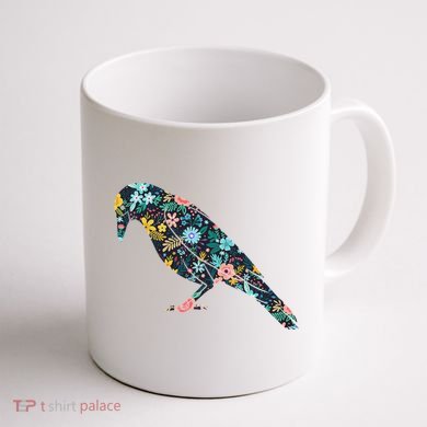 Floral Crow Silhouette Graphic Raven Coffee Mug back