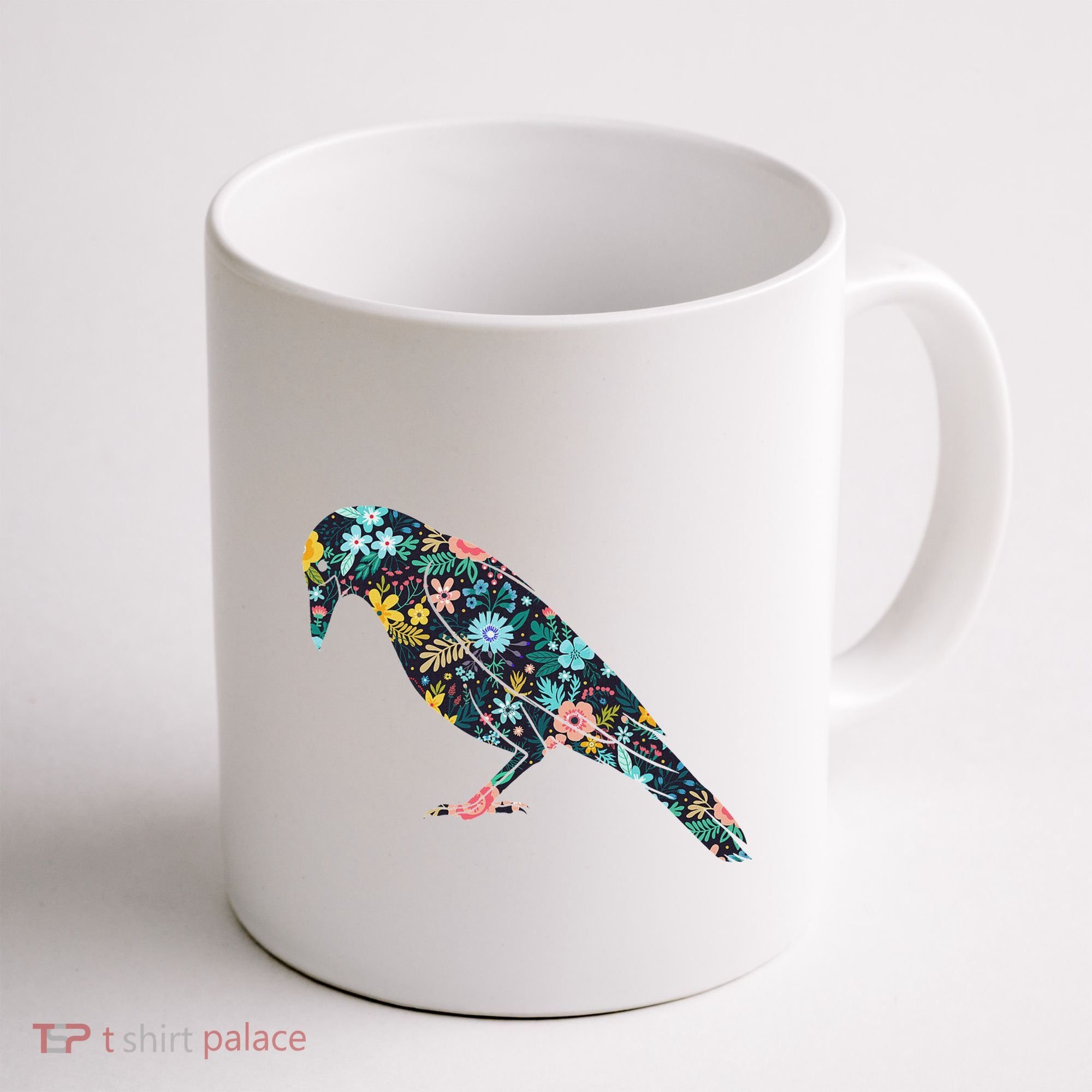 Floral Crow Silhouette Graphic Raven Coffee Mug