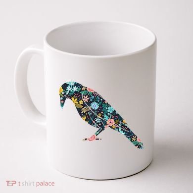 Floral Crow Silhouette Graphic Raven Coffee Mug