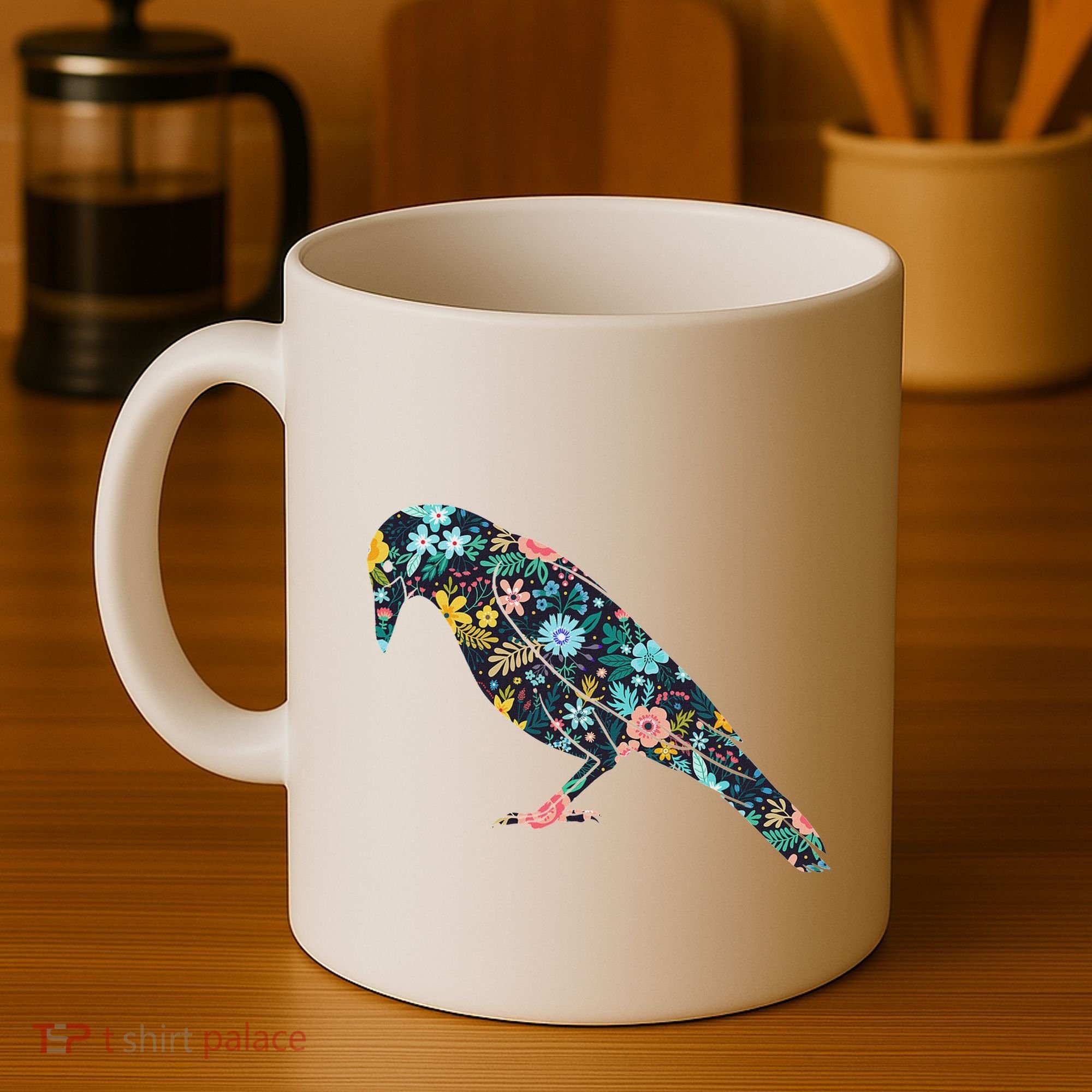 Floral Crow Silhouette Graphic Raven Coffee Mug