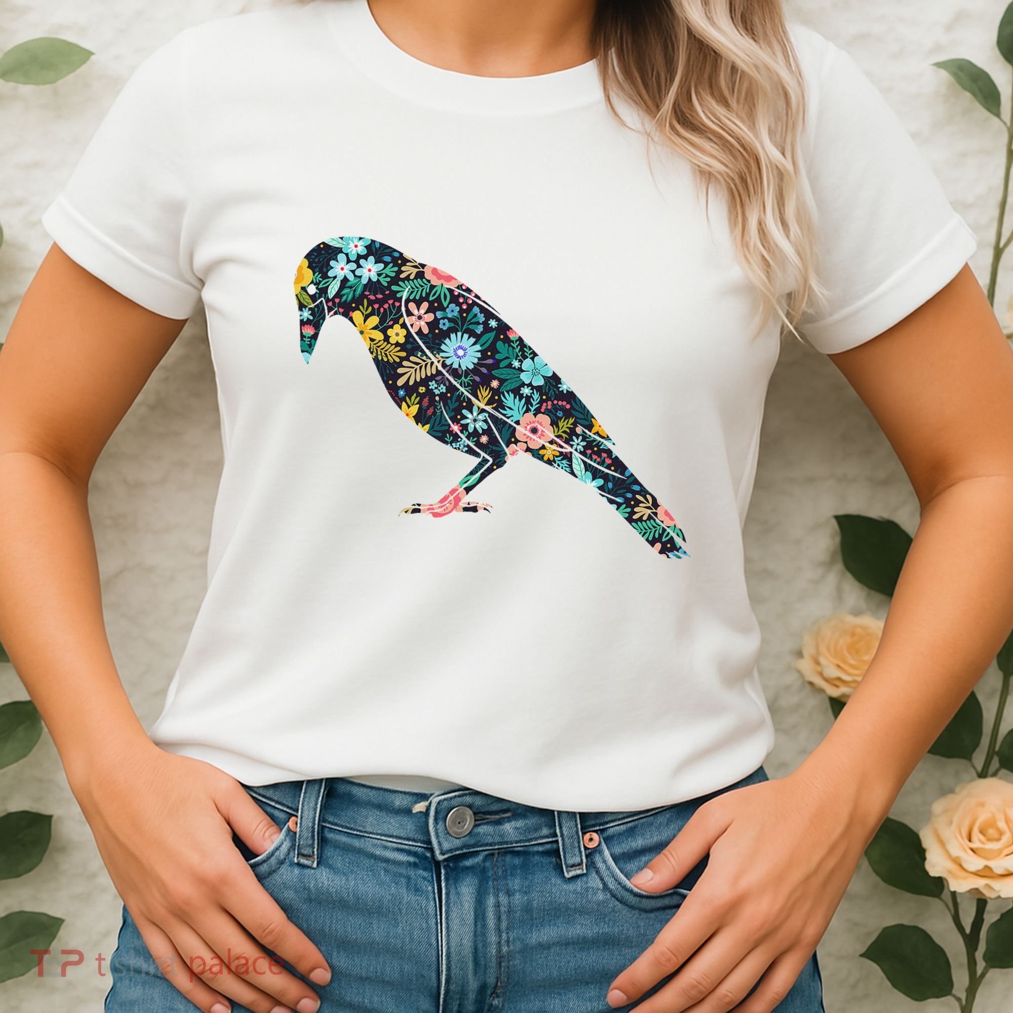 Floral Crow Silhouette Graphic Raven Women's T-Shirt