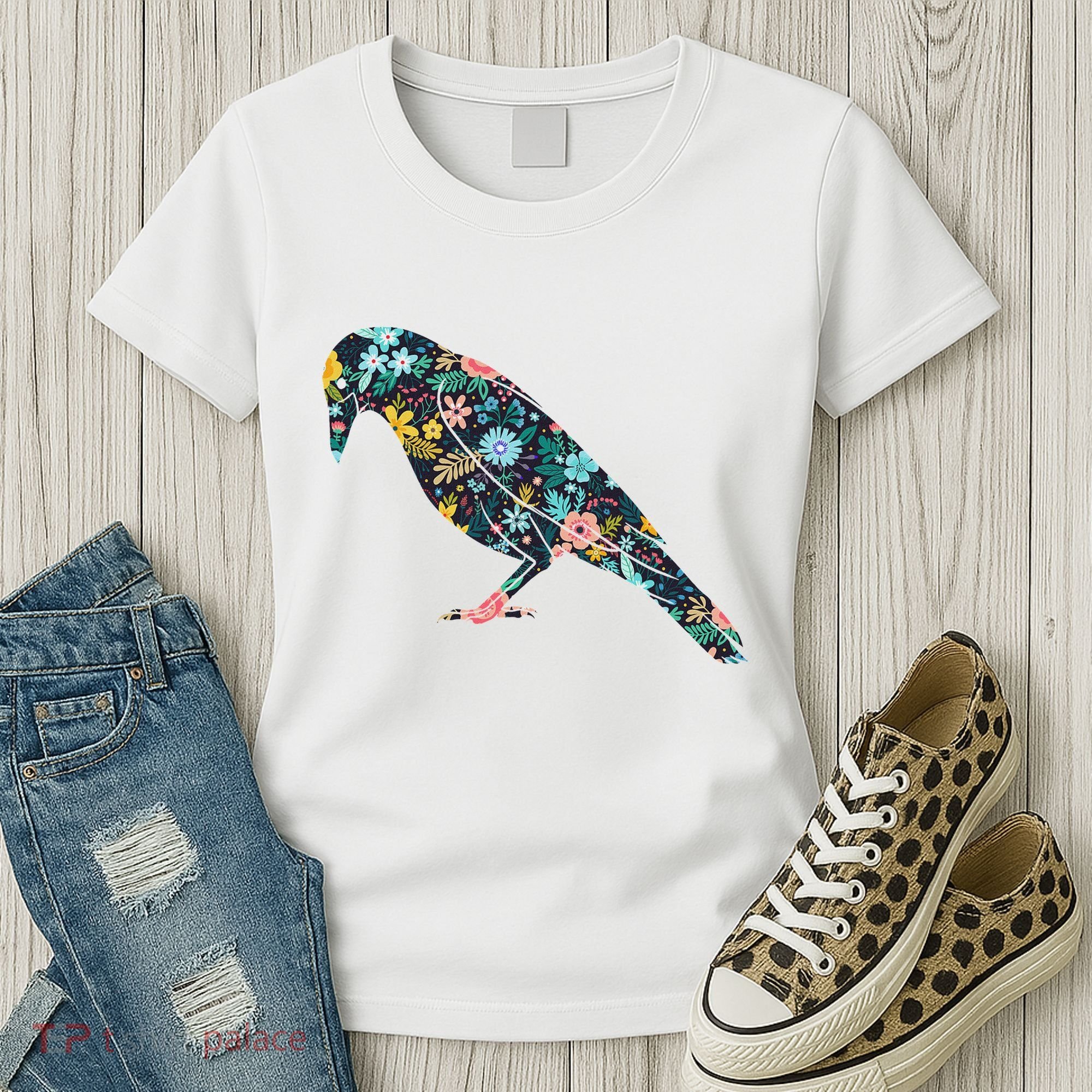 Floral Crow Silhouette Graphic Raven Women's T-Shirt