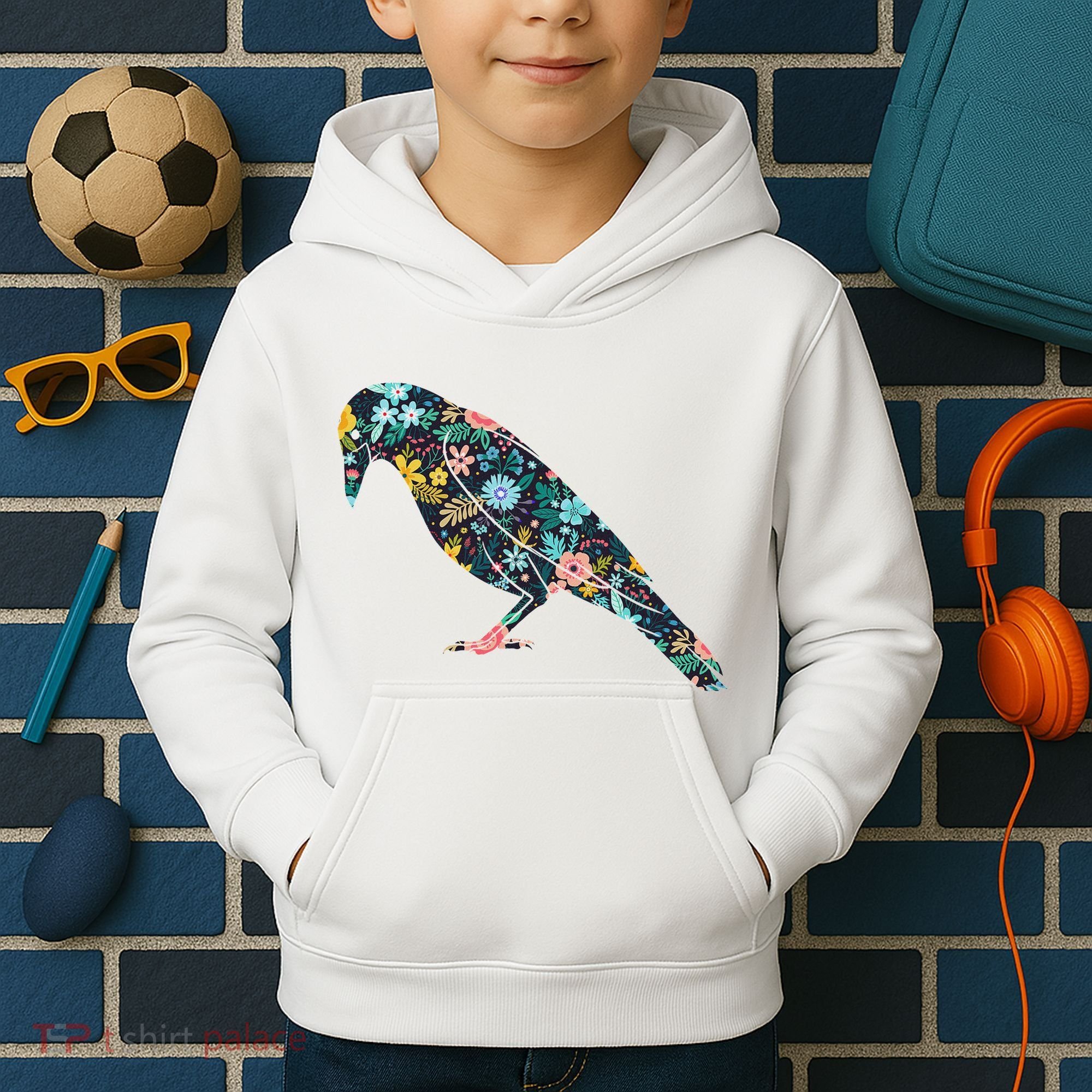 Floral Crow Silhouette Graphic Raven Kids Hoodie