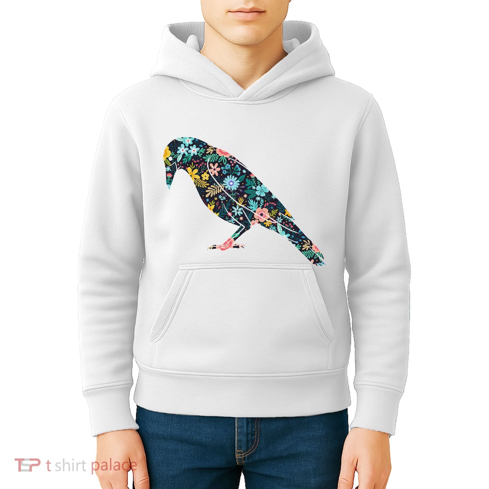 Floral Crow Silhouette Graphic Raven Kids Hoodie