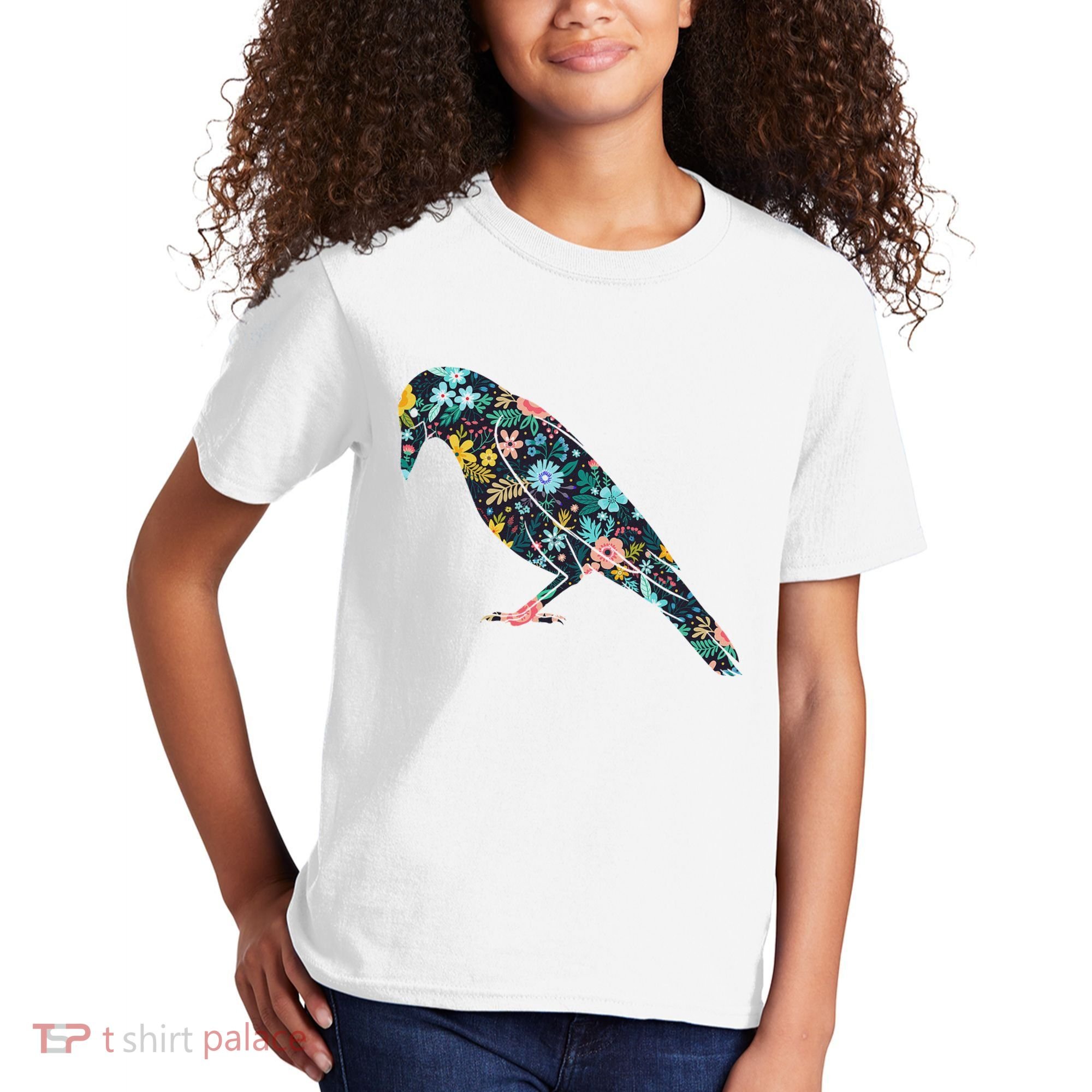 Floral Crow Silhouette Graphic Raven Kids T-Shirt