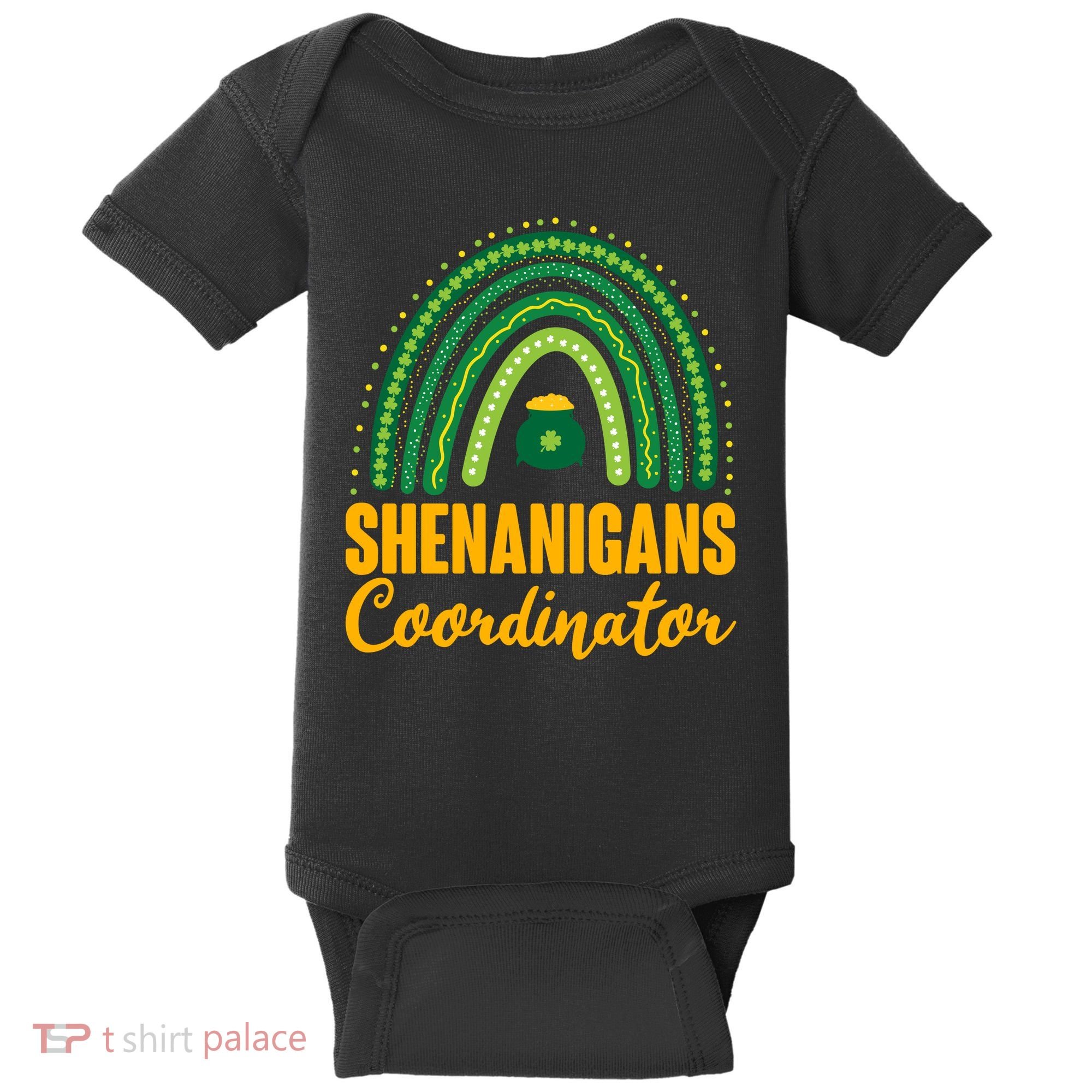 Funny Cute Shenanigans Coordinator Lucky Green Rainbow Pot Of Gold Baby Bodysuit