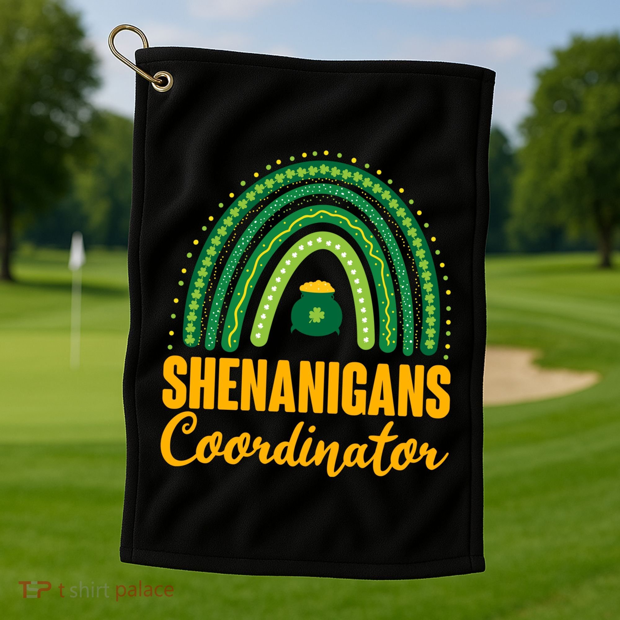 Funny Cute Shenanigans Coordinator Lucky Green Rainbow Pot Of Gold Golf Towel