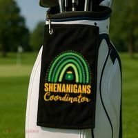 Funny Cute Shenanigans Coordinator Lucky Green Rainbow Pot Of Gold Golf Towel thumb 2